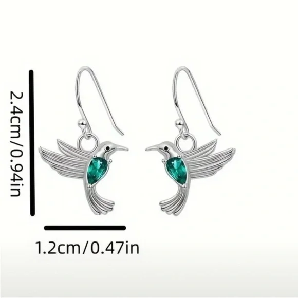 Silver Hummingbird Drop Earrings with Emerald Green Crystal - Picture 3 of 3
